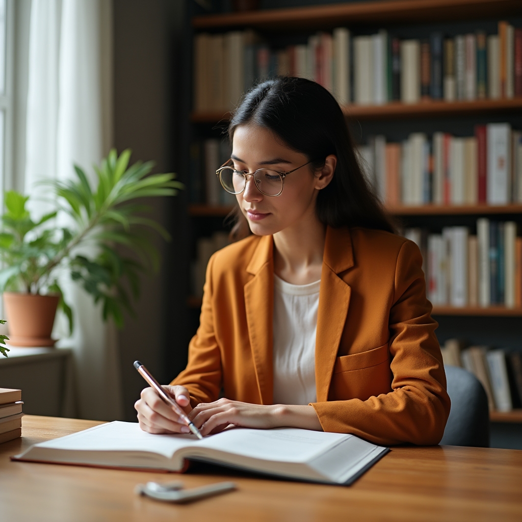A focused professional reading at a well-organized desk with natural light, surrounded by books and a notebook