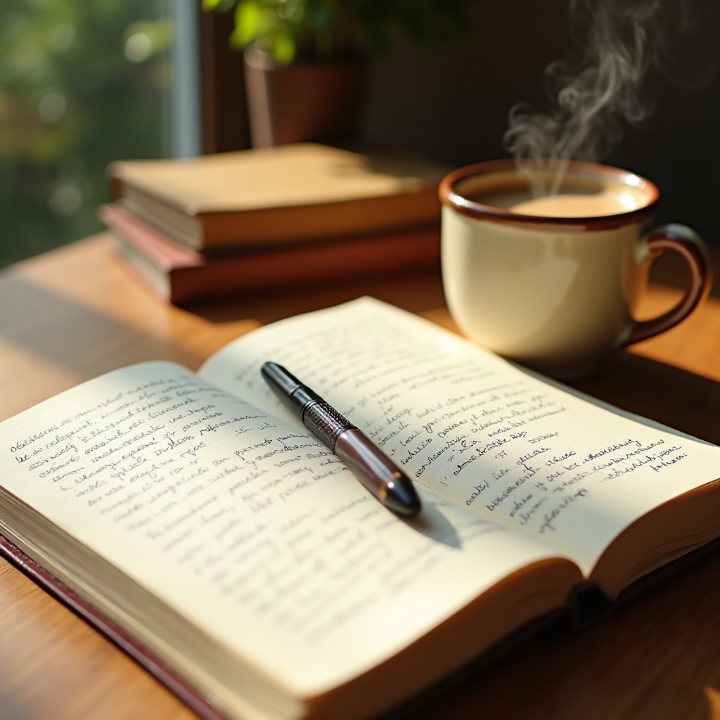 An open notebook with handwritten notes beside a warm cup of coffee on a wooden desk, morning light streaming in