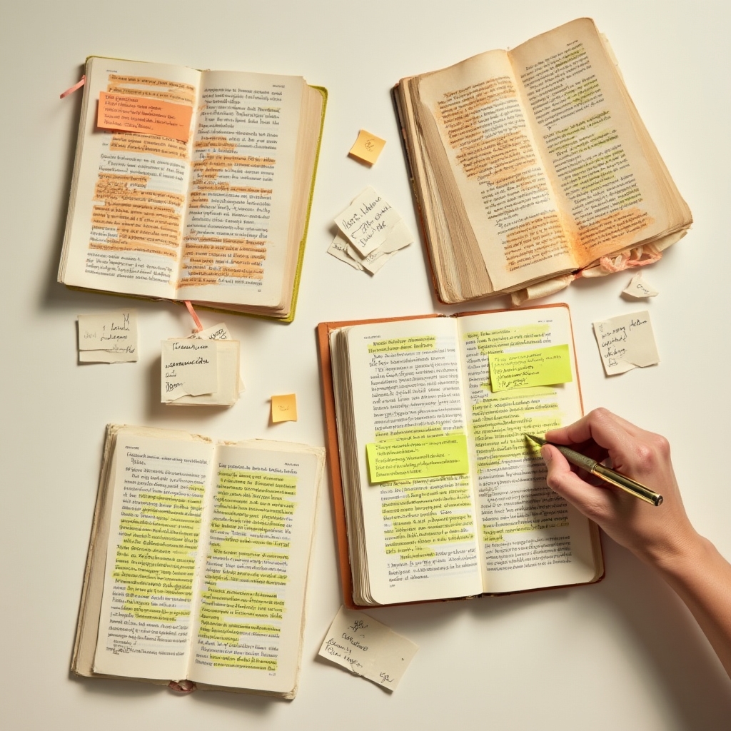 Several open books with colorful highlighted passages and sticky note tabs, representing active research and annotation