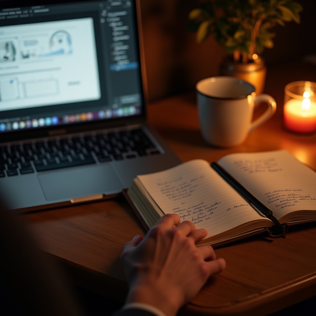 A person watching a webinar on a laptop screen while taking handwritten notes in a journal beside the computer